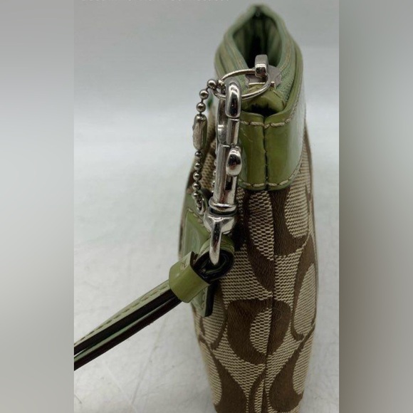 Coach Signature Jacquard Green Patent Trim Pouch Wristlet Khaki #2 - Picture 5 of 6